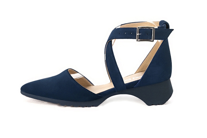 Dress heels closed-back crossed straps in navy blue leather with  and  - Profile view